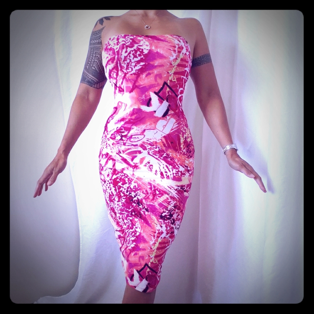 LOVE Pink graphic abstract print tube midi dress